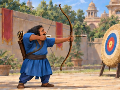 A short adult blue-clad archer with curved back practices at a safe target.