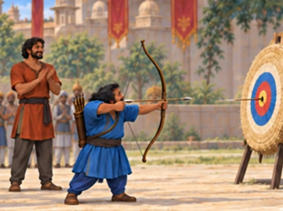 The skilled short archer hits a target while the tall partner accepts nearby applause.