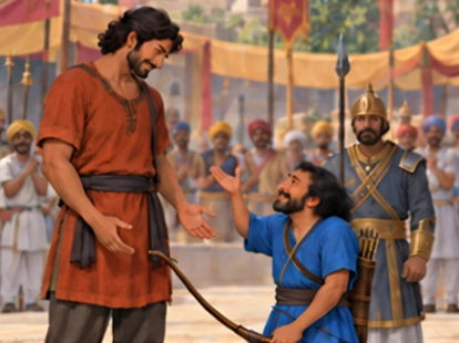 The tall partner lowers his bow as the short archer asks to demonstrate.
