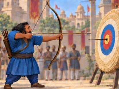 The short archer calmly sends an arrow into the target center.