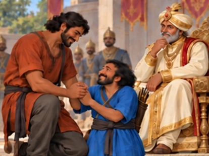 The tall partner acknowledges the archer’s skill before the thoughtful king.