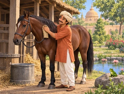 Harisarman honestly tends the brown horse in the stable while the frog rests at a nearby garden pond.