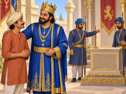 The king welcomes Harisarman in the palace courtyard while guards describe missing treasure.