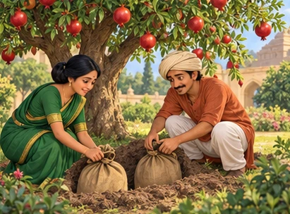 Jihva and Harisarman recover coin bags beneath a pomegranate tree and carry them toward the palace.