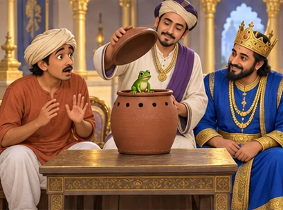 Harisarman looks astonished as the adviser lifts the jar lid to reveal a little green frog.