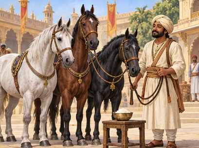 A horse trader leads healthy horses into the courtyard beside one rice bowl.