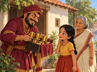 A maroon-clad merchant shows bright cups outside the little house.