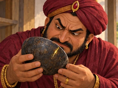 The merchant examines a small golden scratch on the bowl.