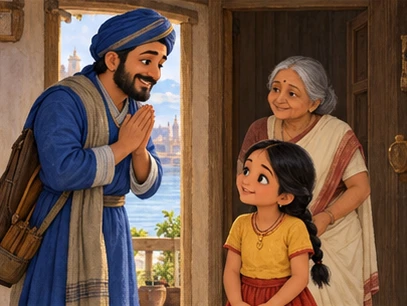 An honest blue-clad merchant greets Meera at the doorway.