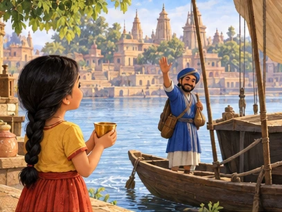 Meera holds her cup while the honest merchant reaches the river boat.