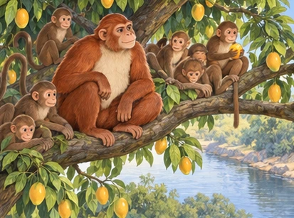 A monkey troop rests on strong mango branches above a riverbank.