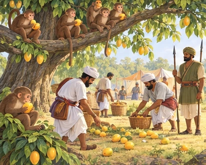Monkeys peacefully share the mango tree with respectful travelers collecting fallen fruit.