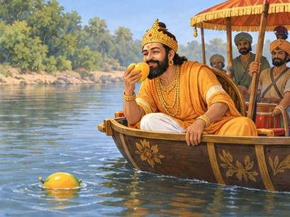 A saffron-clad king tastes a floating mango beside his boat.