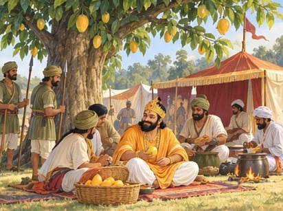 The king’s party camps beneath the mango tree after gathering fruit.