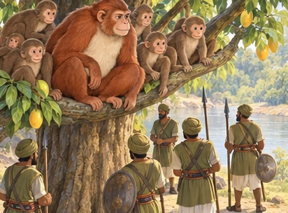 The troop gathers anxiously above guards surrounding the tree trunk.