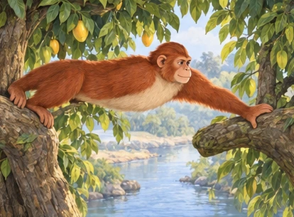 The chief bridges a small branch gap with hands gripping one limb and feet firmly braced.