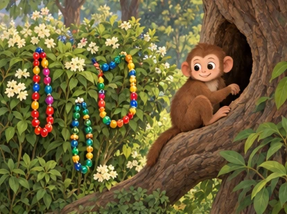 Bright glass bead strings hang on low bushes while one monkey stays by the hollow.