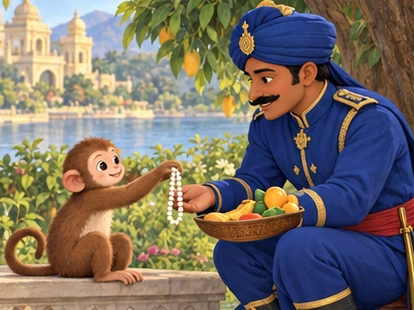 The guard offers fruit and gently receives the pearl necklace from the monkey.