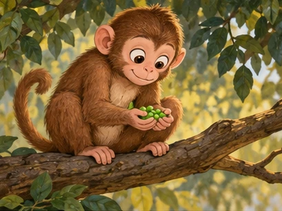 The monkey holds a handful of green peas on a sturdy branch.