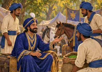 The king speaks calmly to attendants beneath the forest trees.