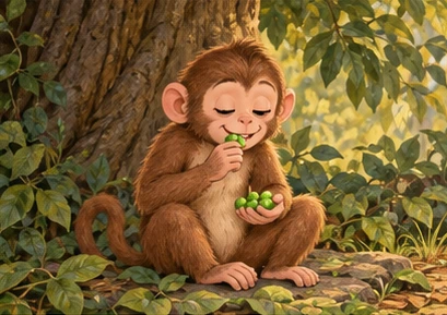 The monkey carefully eats a new small share of peas beneath the tree.