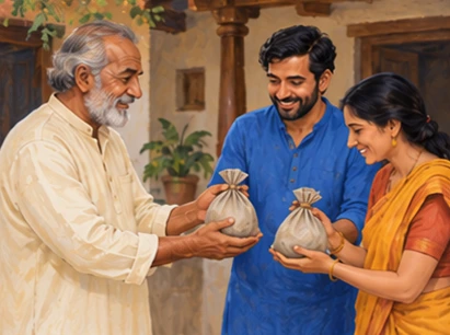 A cream-clad older father gives small savings bags to his blue- and saffron-clad adult children.