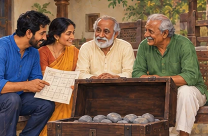 The family plans regular visits together beside the open chest and courtyard bench.
