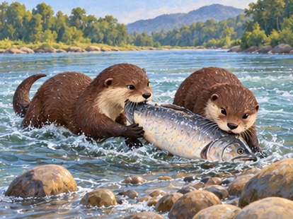 Two otters work together beside a river to bring a large fish ashore.