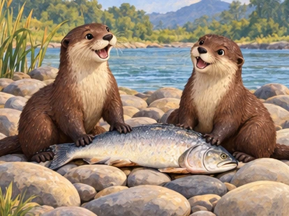 The two otters sit with their catch between them on smooth river stones.