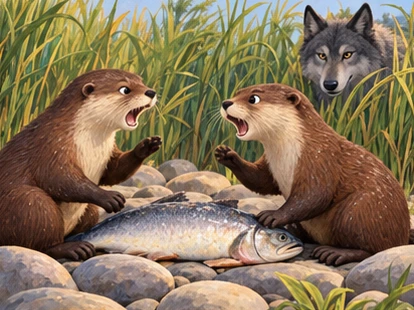 The otters argue over sharing while a gray wolf listens behind reeds.