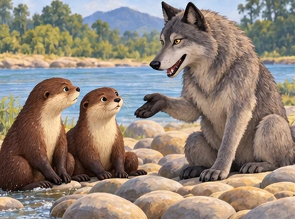 A gray wolf politely offers to divide the otters’ meal.