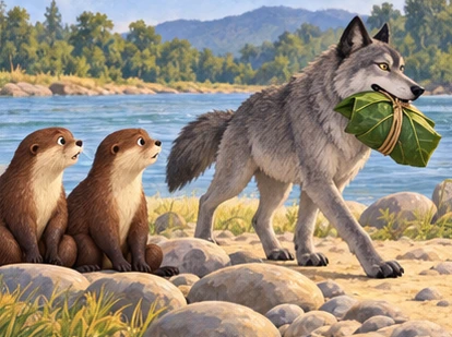 The wolf carries away the largest wrapped portion while the otters stare.