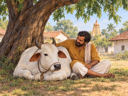 Nanda the white ox rests with his ochre-clad farmer beneath a neem tree.