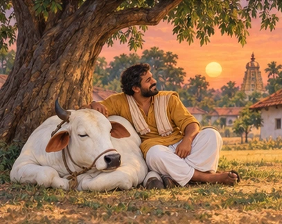 Farmer and Nanda rest together beneath the familiar neem tree at sunset.