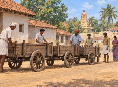 Neighbors line up a short train of empty wooden carts on a level village road.
