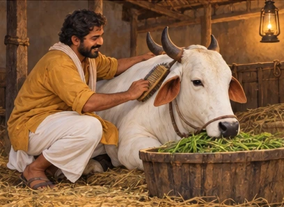 The apologetic farmer offers fresh fodder and gently brushes Nanda.