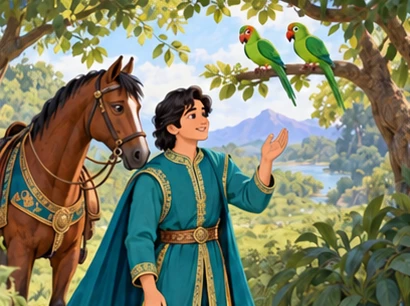 A teal-clad adult prince hears parrots beside his brown horse before a journey.