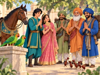 Labam and the prince thank their animal and traveler friends before a shared journey.