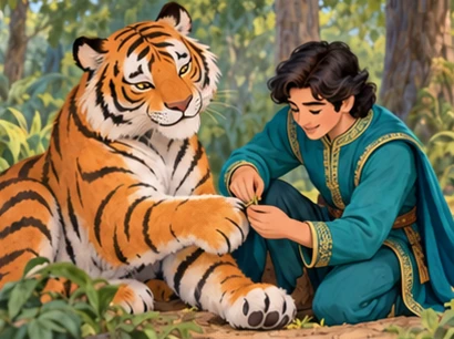 The prince gently helps a cooperative storybook tiger with a thorn in its paw.