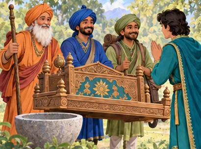 Wise travelers lend the prince a carved flying bed and stone water bowl.