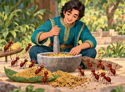 Ants help the prince carefully process mustard seeds beside an oil bowl.