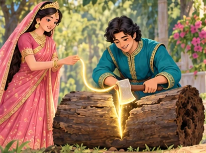 Labam gives a magical hair strand as the prince safely splits an enchanted log.