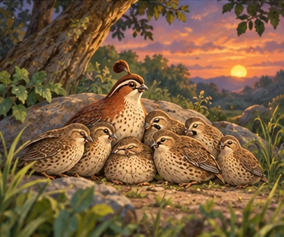 The reconciled flock rests together safely in the woodland at dusk.