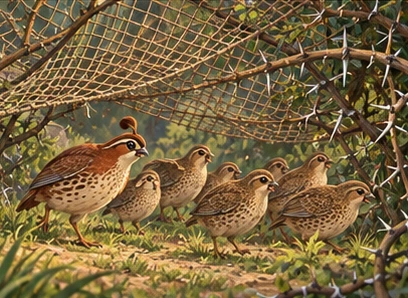 The net catches on thorn branches while the quails escape underneath.