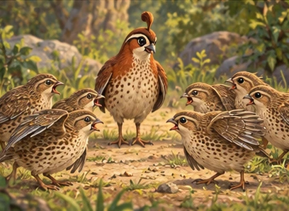 The quails argue in two small groups while the leader looks concerned.