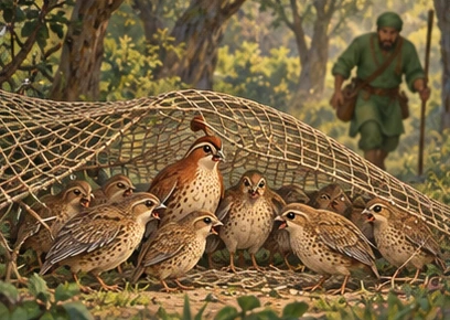 Quails argue beneath the fallen net as the fowler approaches in the distance.