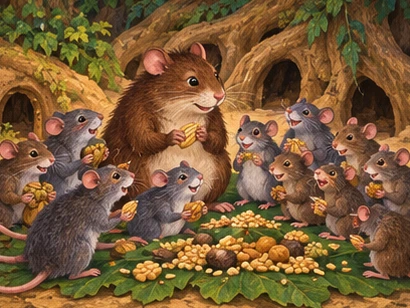 The complete rat troop shares seeds peacefully beneath the forest roots.