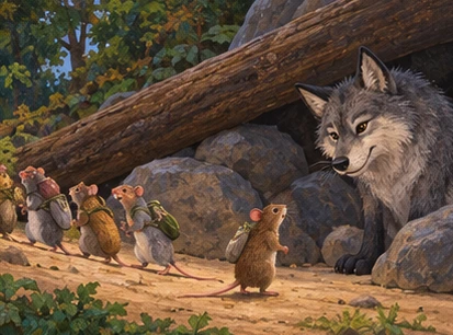The rats leave a visit while the wolf quietly blocks the last rat near his shelter.