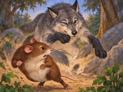 The chief sidesteps as the supposedly helpless wolf suddenly springs forward.
