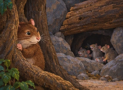 The chief hides safely behind a root while faint calls come from the wolf’s rocky shelter.